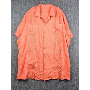 KS Island Guayabera Shirt Mens 3XL Big Coral Orange Embroidered Linen Blend